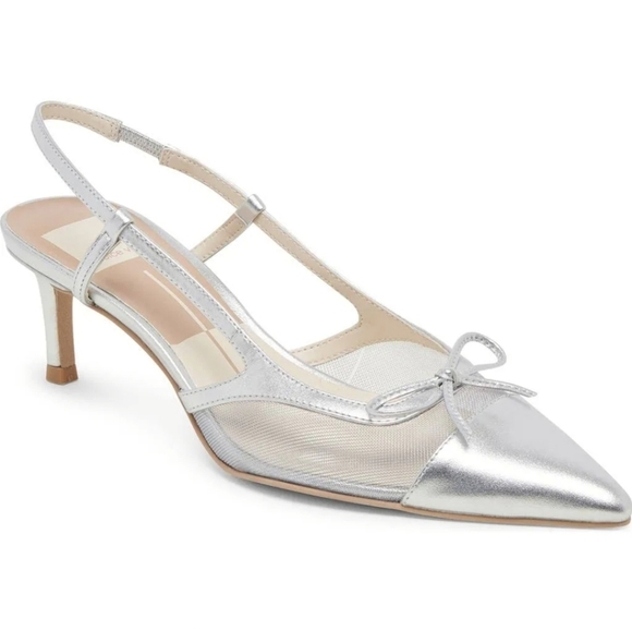 🩶🔹️Dolce Vita🔹️ KANDI Heels Silver Mesh Pointed Toe Bow Kitten Heel Slingback - Picture 2 of 8